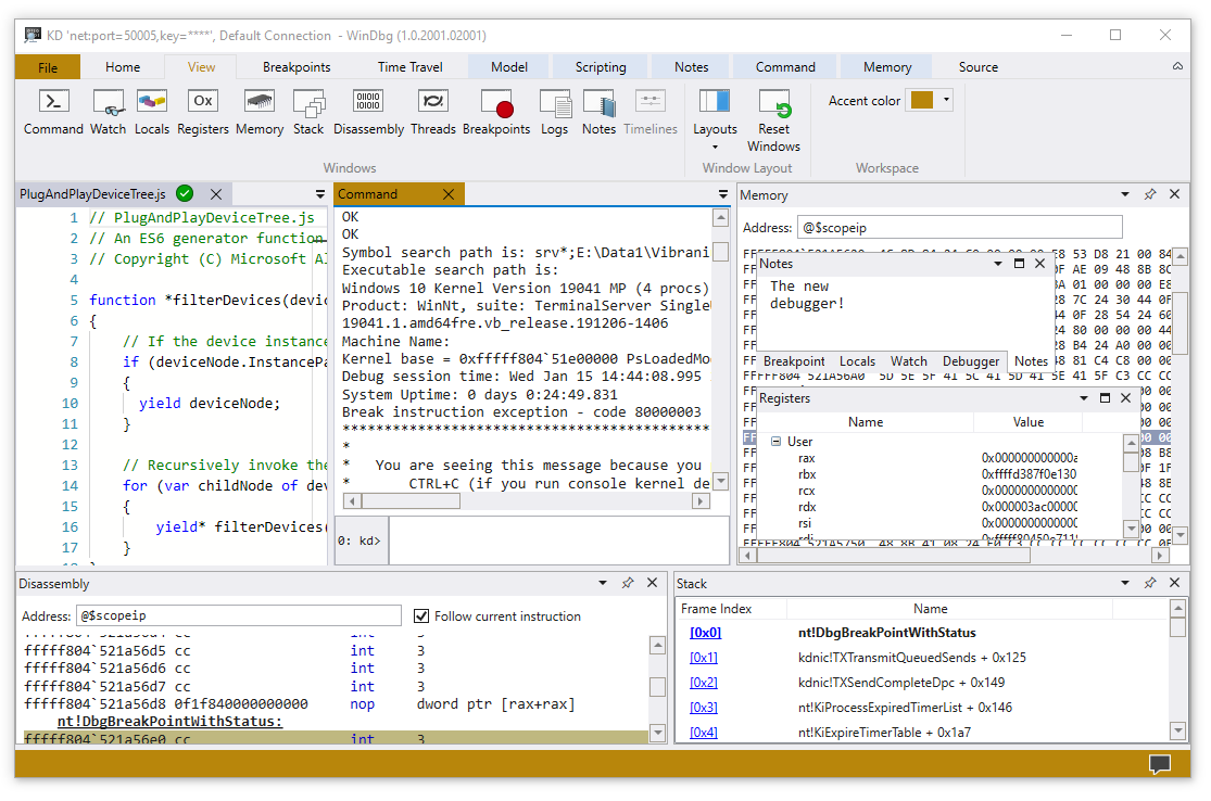 Schermata principale del debugger che mostra l'output della finestra di comando da una connessione kernel dinamica.