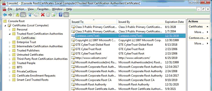 schermata dell'archivio certificati delle autorità di certificazione radice attendibili nello snap-in dei certificati mmc.