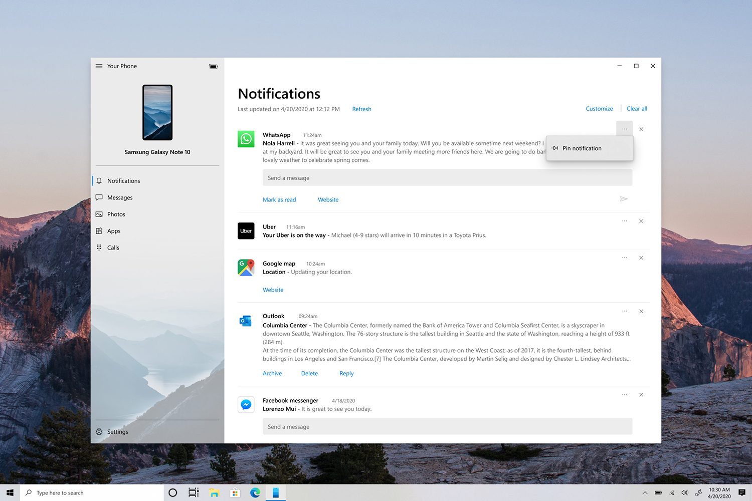 La funzionalità App telefono in Notifiche con l'aggiunta del menu Notifiche espansa.