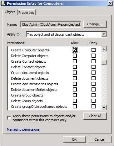 Screenshot that shows Create Computer objects option set to Allow. 