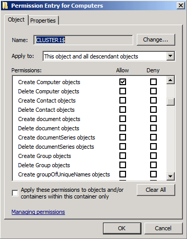 Screenshot that shows the Permission Entry dialog box with the Create Computer objects option set to Allow.