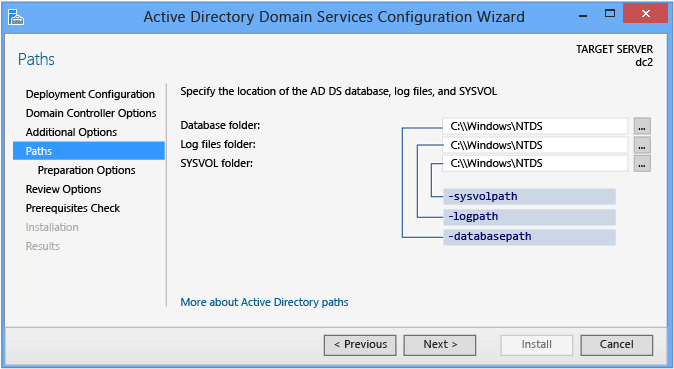 Screenshot that shows where you can override the default folder locations of the AD DS database, the database transaction logs, and the SYSVOL share.