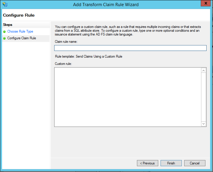 Screenshot that shows where to type the claim rule name when you create a rule to send claims by using a custom claim in Windows Server 2012 R2.