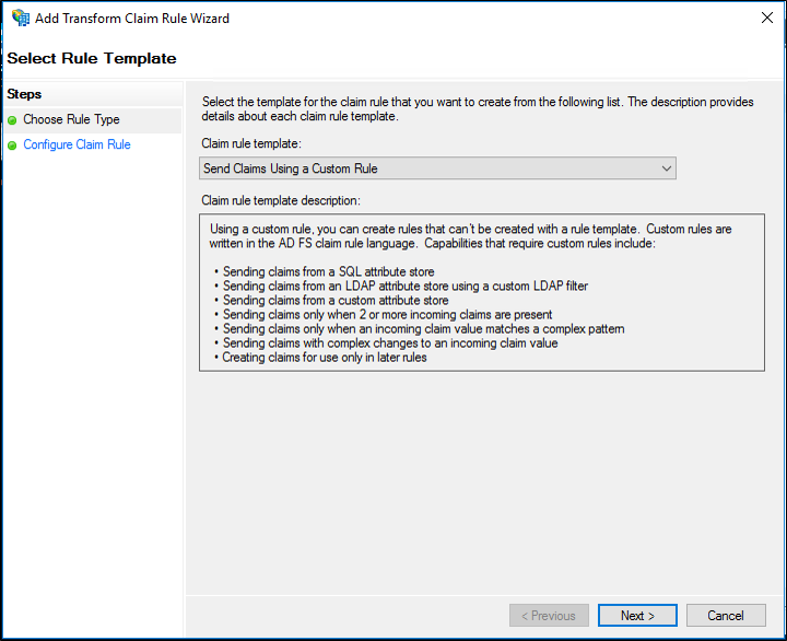 Screenshot that shows where so select the Send Claim Using a Custom Rule template when you create a rule to pass through or filter an incoming claim on a Claims Provider Trust in Windows Server 2016.