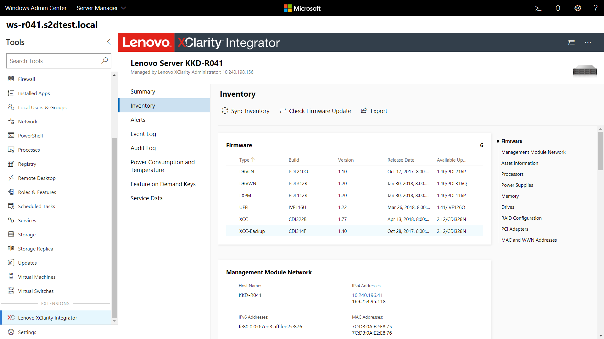 Screenshot of the Server Manager portal in Windows Admin Center showing the Lenovo XClarity Integrator extension tool.
