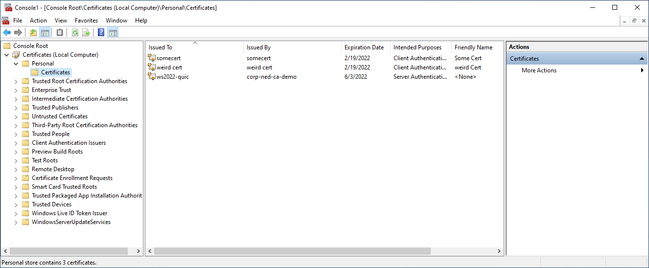 Immagine che mostra il processo di completamento della registrazione del certificato in Microsoft Management Console