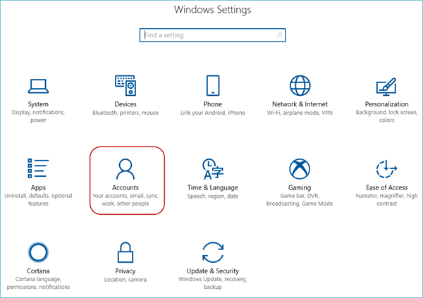 schermata delle impostazioni di Windows