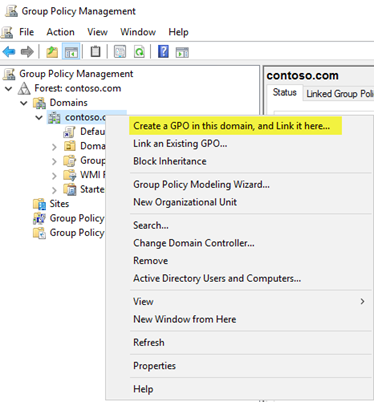 Creare un oggetto Criteri di gruppo in questo esempio di dominio nell'interfaccia utente.