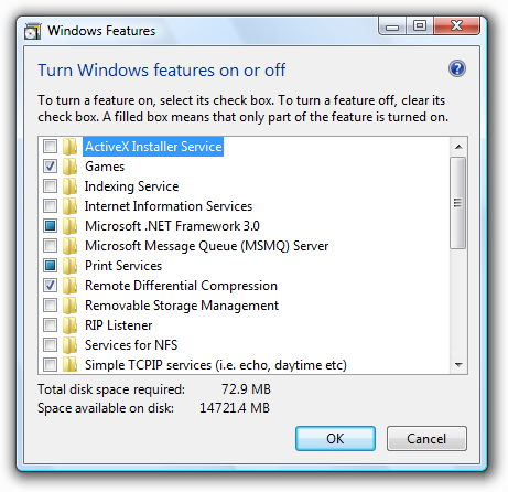 screenshot dell'elenco di caselle di controllo delle funzionalità di Windows 