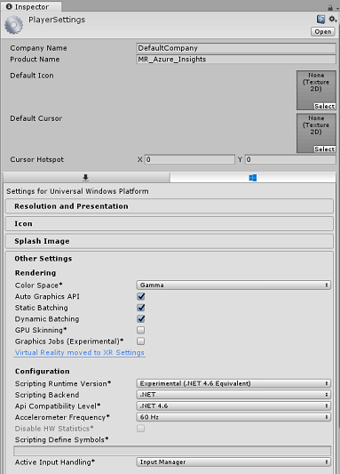 Screenshot della scheda Inspector (Controllo) che mostra i dettagli nella sezione di configurazione di Other Settings (Altre impostazioni).