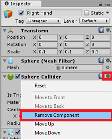 Screenshot del pannello Inspector (Controllo), l'icona a forma di ingranaggio e Remove Component (Rimuovi componente) sono evidenziate nella sezione Collider Sphere.