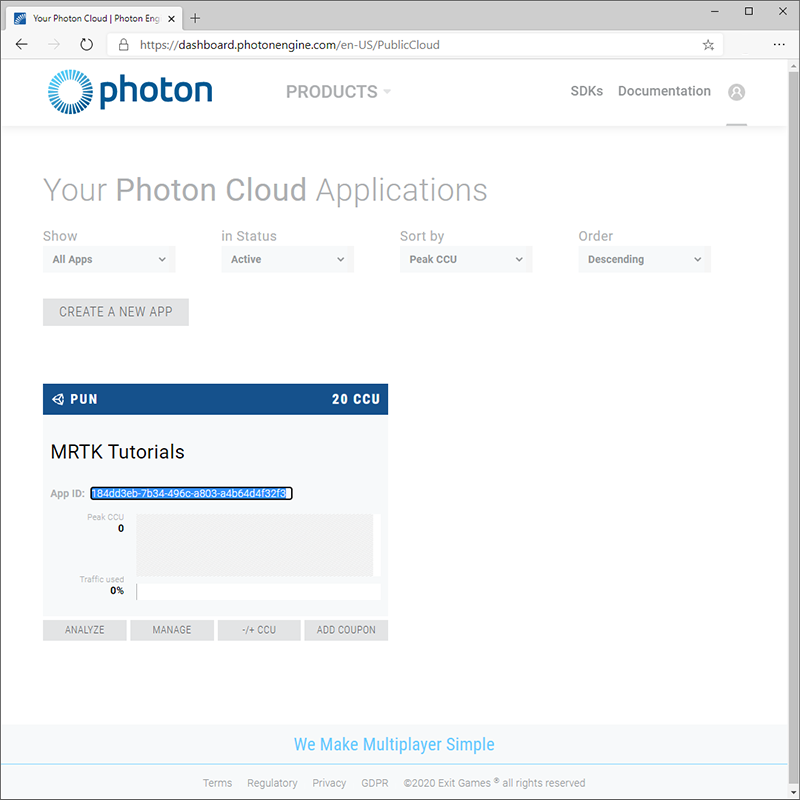 Pagina dell'applicazione Photon con App Id selezionato