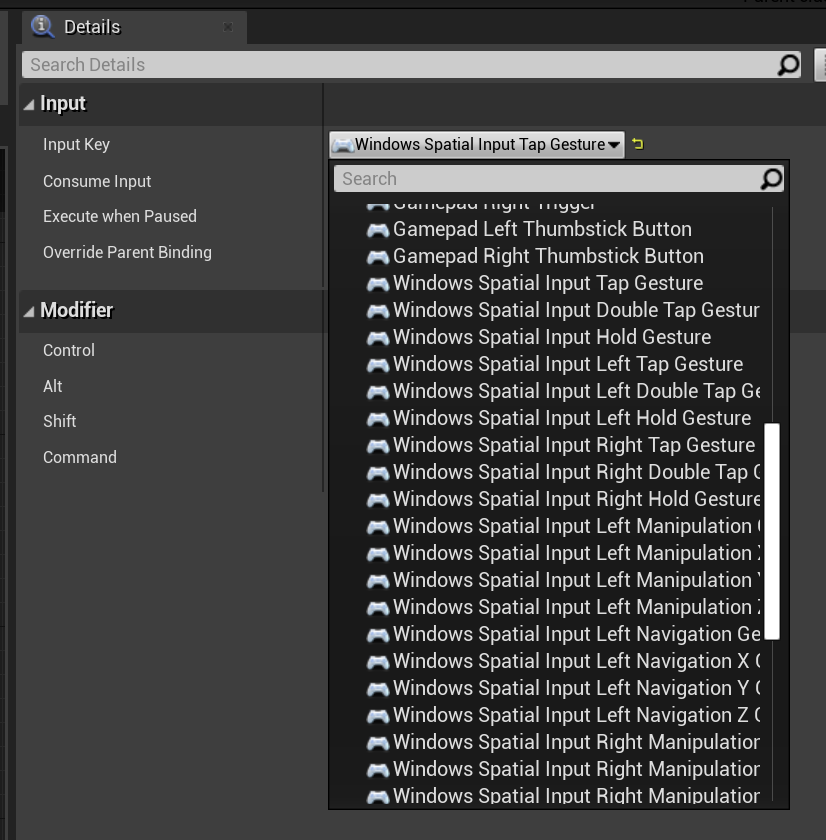 Screenshot delle opzioni del movimento di tocco dell'input spaziale di Windows nel pannello dei dettagli