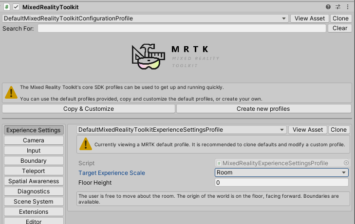 Impostazioni esperienza nel profilo di configurazione MRTK
