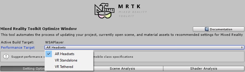 Destinazione prestazioni finestra ottimizzazione MRTK