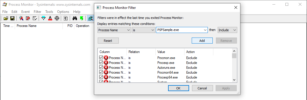 Esempio di filtro di Monitoraggio processi Windows con nome app