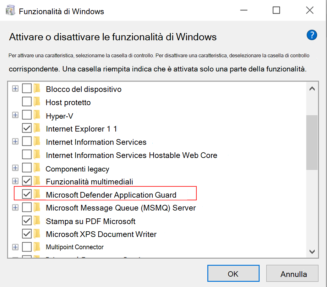 Funzionalità di Windows, attivazione di Microsoft Defender Application Guard.