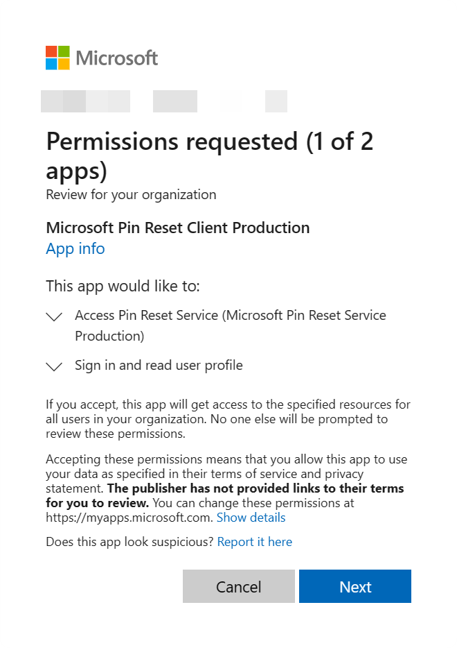 Applicazione client di reimpostazione pin in Azure.