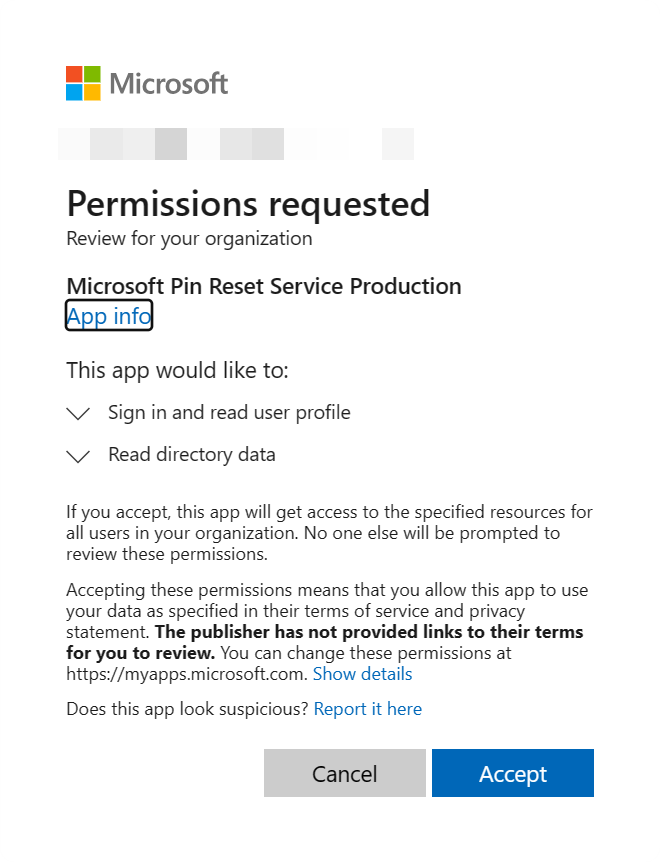 Applicazione di servizio di reimpostazione del PIN in Azure.