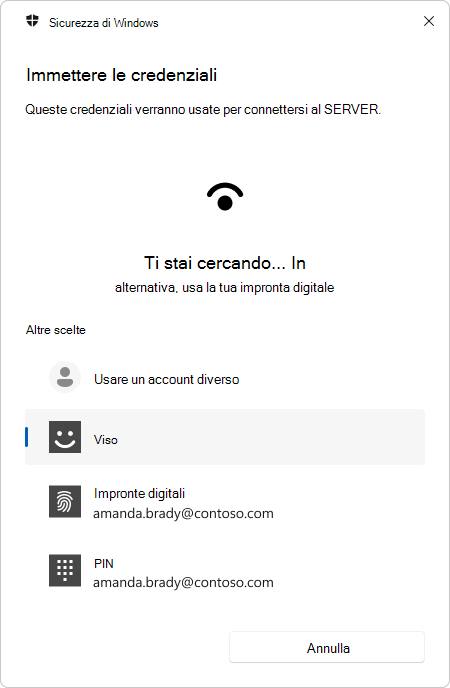 Screenshot della richiesta di autenticazione di Connessione Desktop remoto tramite biometria.
