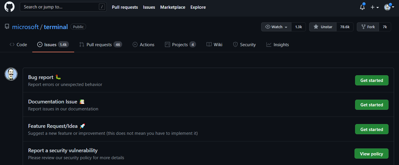 Screenshot dell'archiviazione di un problema nel repository del terminale