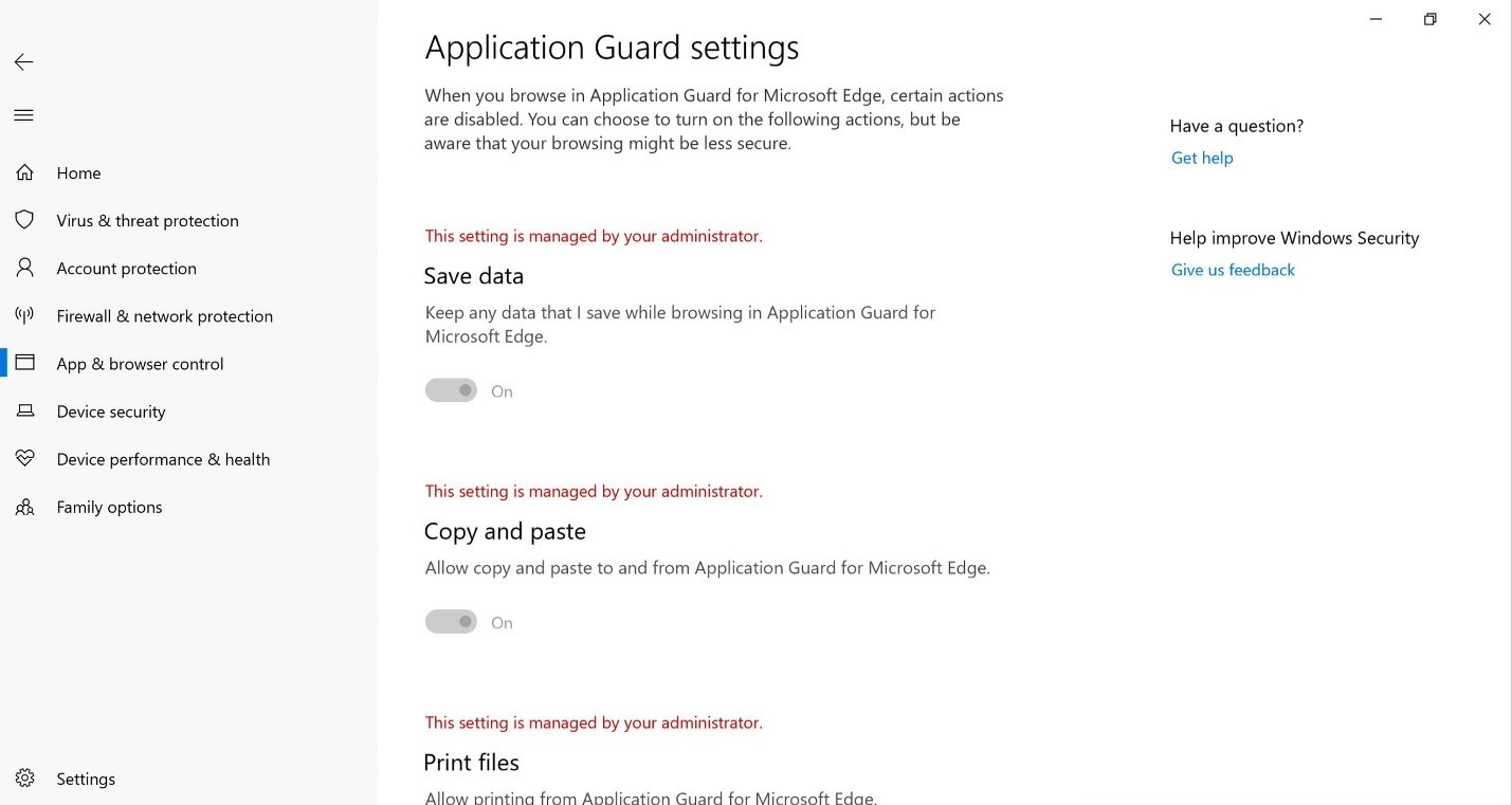 visualizzare le impostazioni di Windows Defender Application Guard.