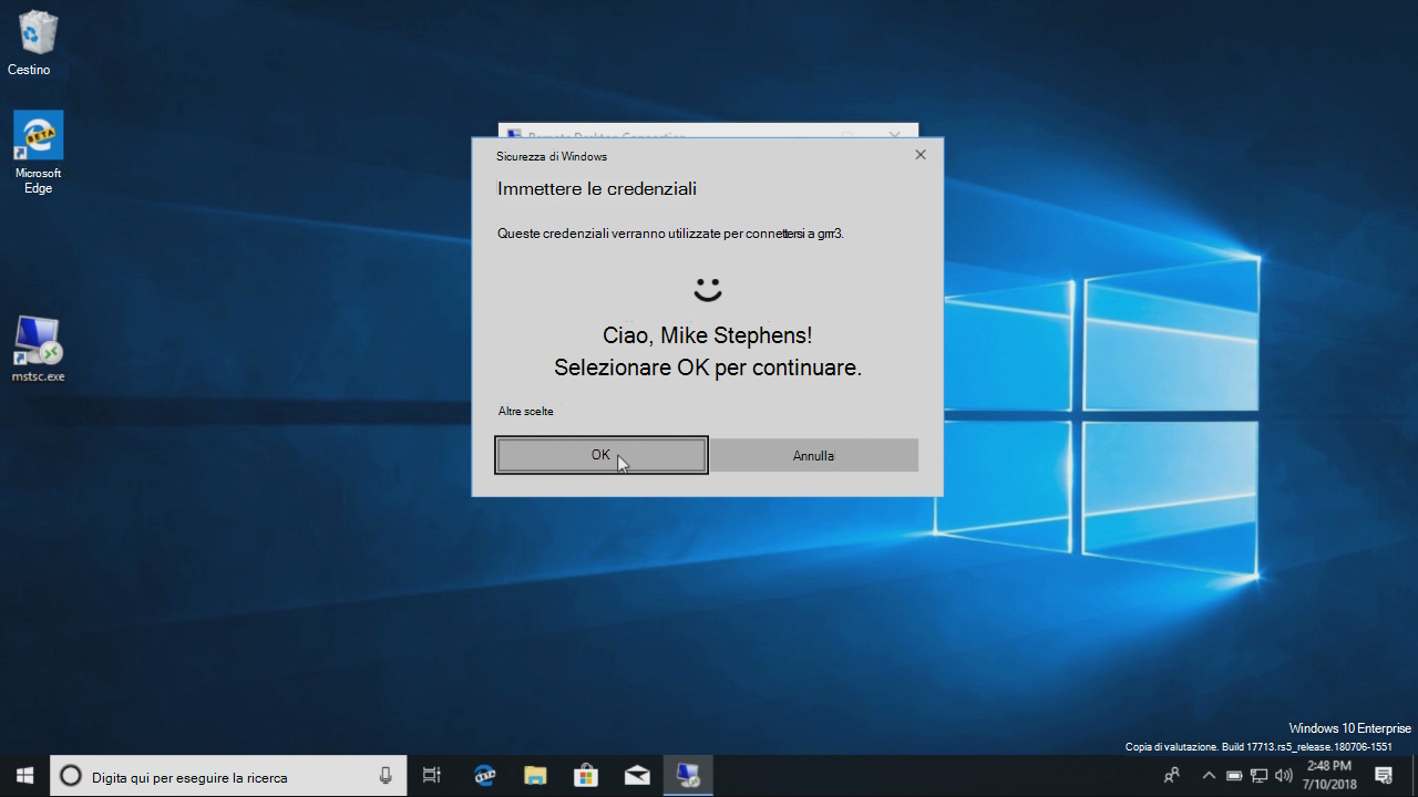 Immettere le credenziali per Windows Hello.