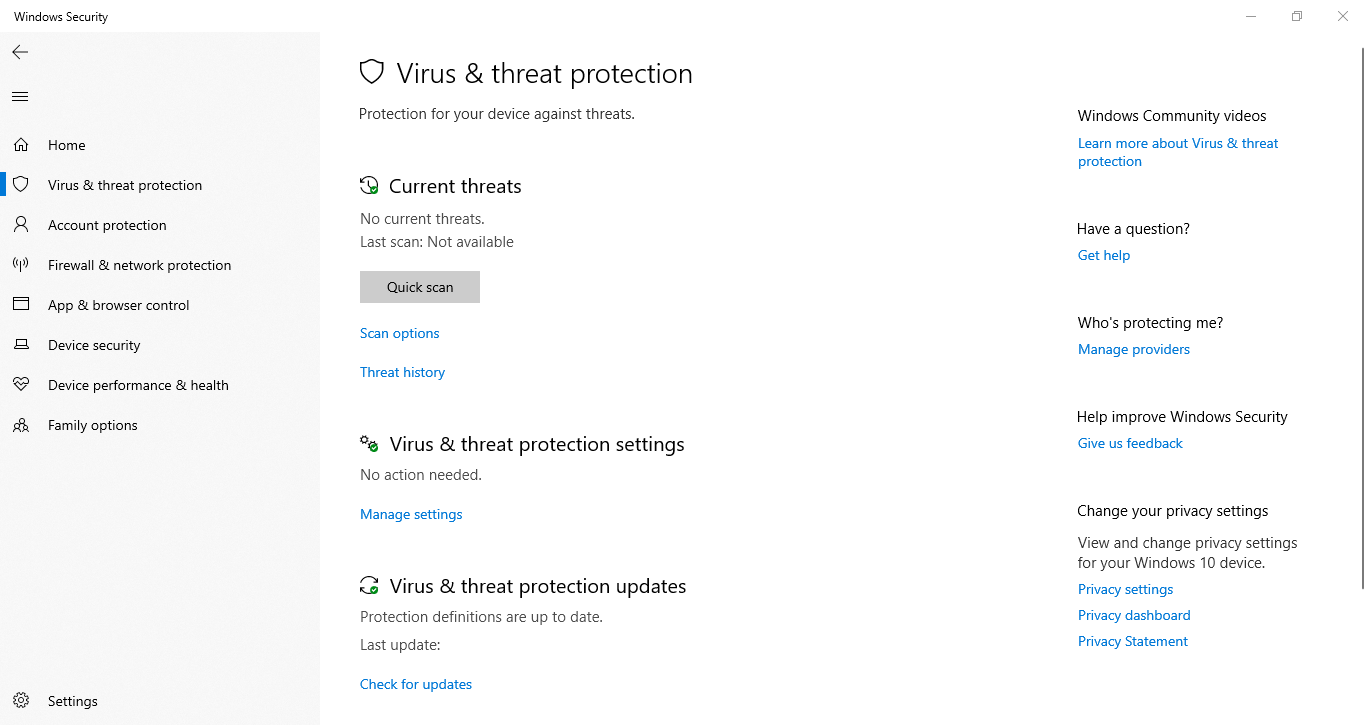 Impostazioni di protezione & virus in Windows S.