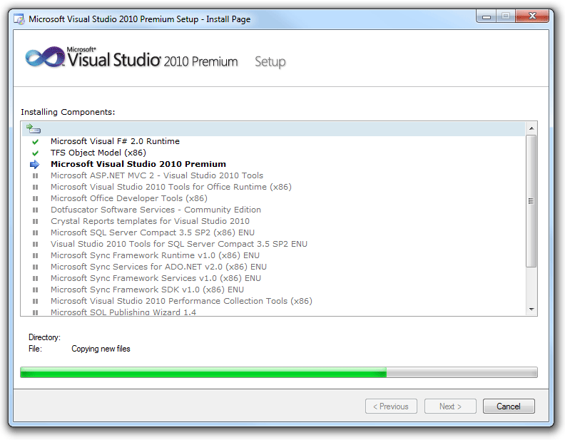 schermata dell'installazione di Visual Studio, elenco parziale 