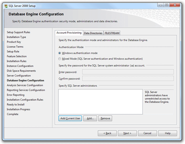 screenshot della configurazione guidata di SQL Server 