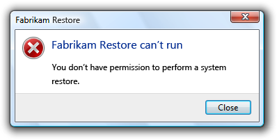 screen shot of message: fabrikam restore can't run 