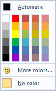 screenshot dell'elemento dropdowncolorpicker con l'attributo colortemplate impostato su 'standardcolors'.