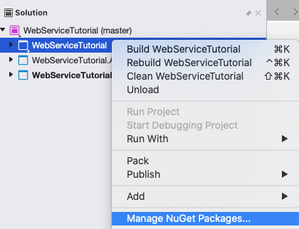 Screenshot of the Add NuGet Packages menu item being selected