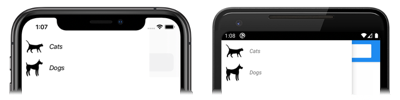 Screenshot degli oggetti FlyoutItem basato su modelli in iOS e Android