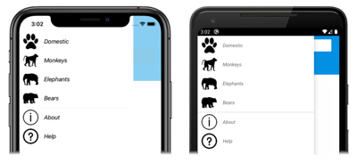 Screenshot degli oggetti MenuItem basato su modelli, in iOS e Android