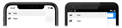 Screenshot di un'app shell a due pagine con elementi a comparsa, in iOS e Android
