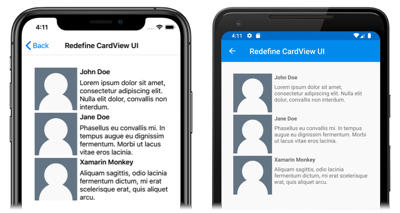 Screenshot degli oggetti CardViewUI basati su modelli, in iOS e Android