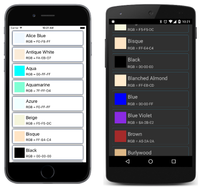 Screenshot triplo dell'elenco personalizzato dei colori denominati