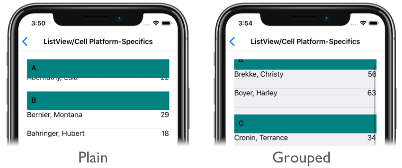 Screenshot of floating and non-floating ListView header cells, on iOS