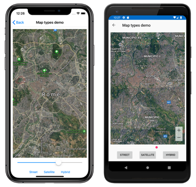 Screenshot del controllo mappa con il tipo di mappa ibrida, in iOS e Android