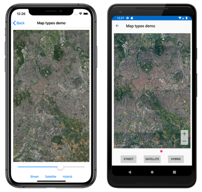 Screenshot del controllo mappa con il tipo di mappa satellite, in iOS e Android