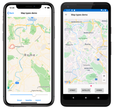 Screenshot del controllo mappa con il tipo di mappa stradale, in iOS e Android