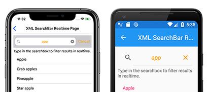 Screenshot di SearchBar personalizzato in iOS e Android