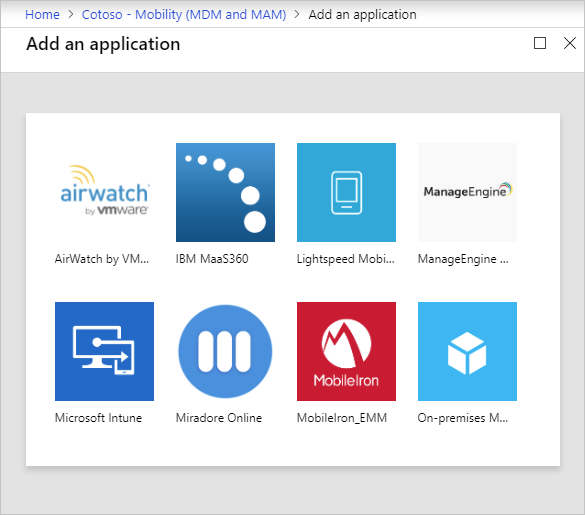 Microsoft Entra ID の [アプリケーションの追加] ページを示すスクリーンショット。複数の MDM プロバイダーが一覧表示されている。