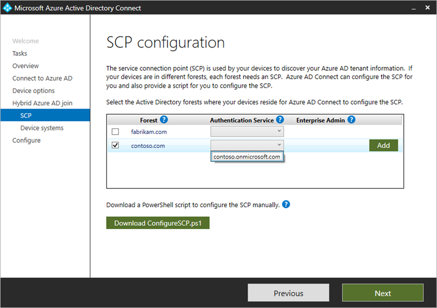 Microsoft Entra Connect と、マネージド ドメインでの SCP 構成のオプションを示すスクリーンショット。