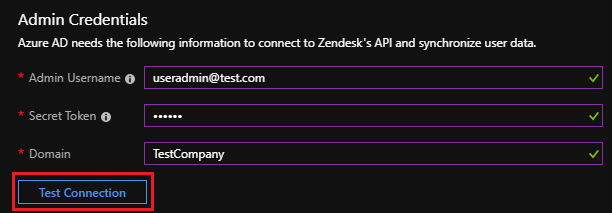 Zendesk テスト接続のスクリーンショット