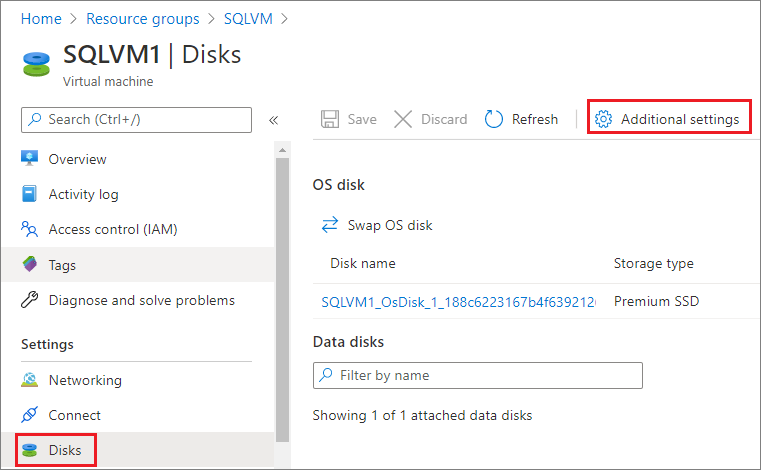 Select additional settings for Disks under Settings in the Azure portal
