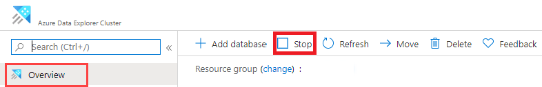 Screenshot of the Azure portal and cluster stop button.