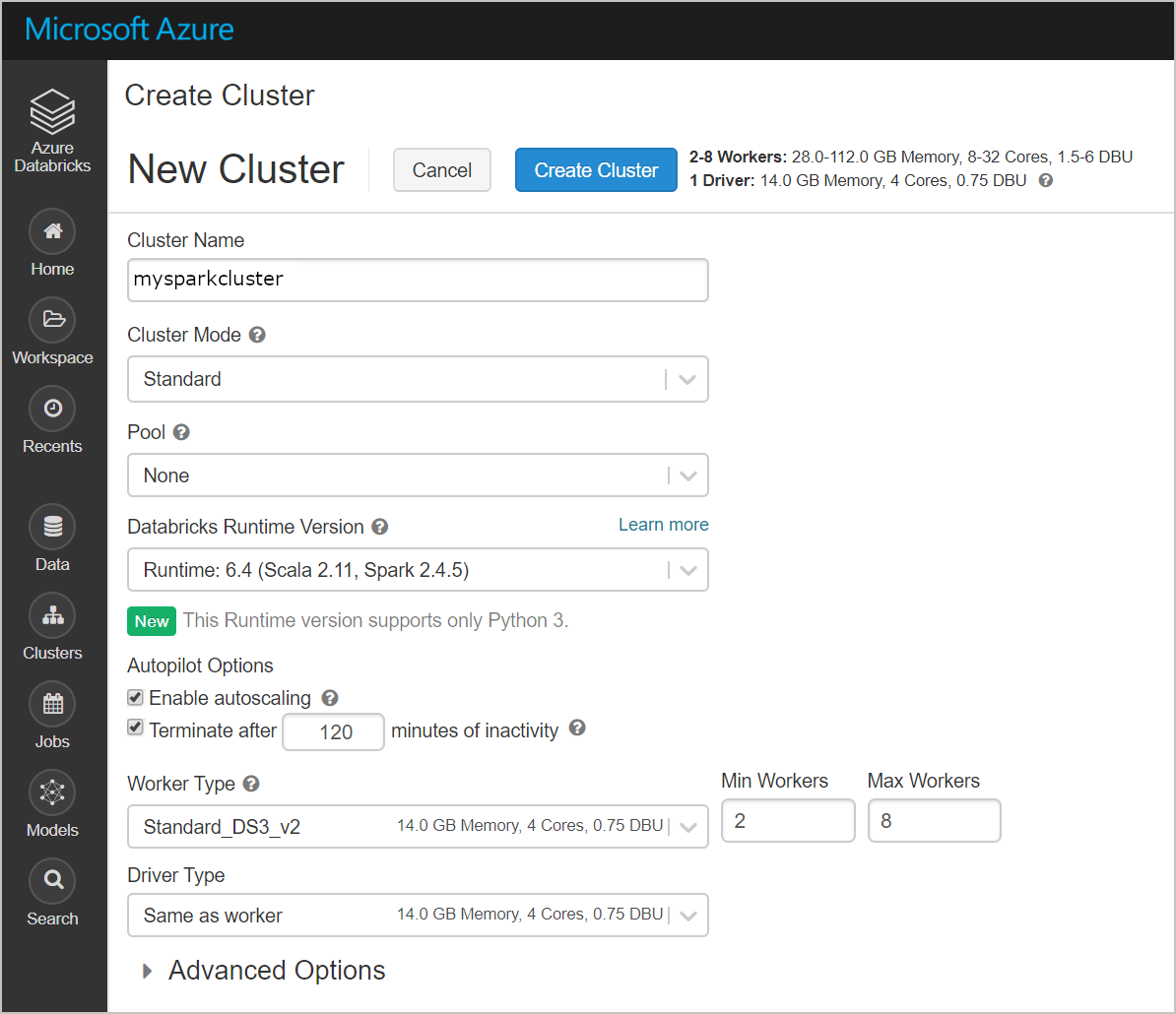 Create Databricks Spark cluster on Azure