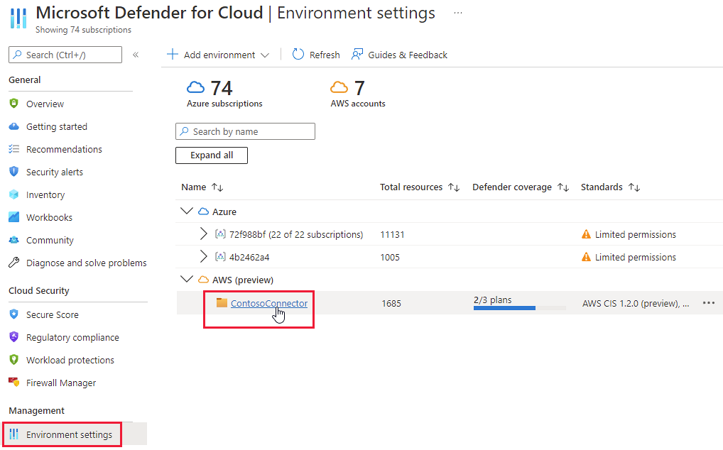 AWS コネクタを表示した Defender for Cloud の環境設定ページのスクリーンショット。